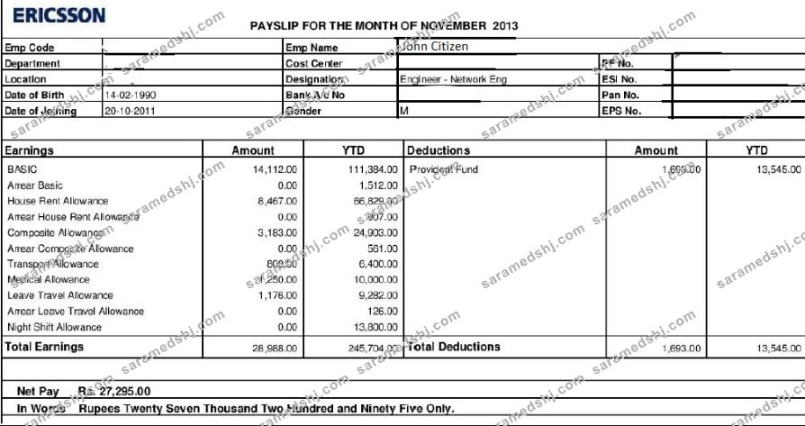 ERICSSON networking and telecommunications company paystub in Word and PDF formats
